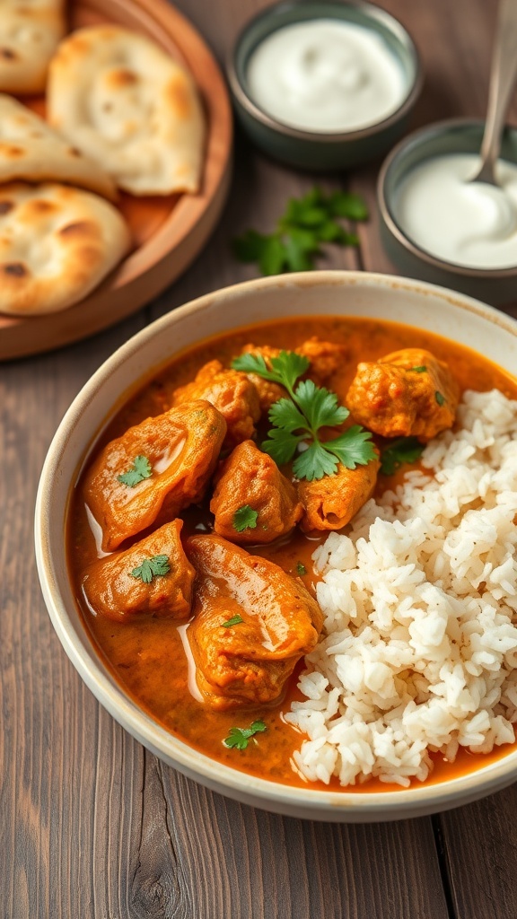 A bowl of chicken curry with rice and naan, garnished with cilantro on a wooden table.